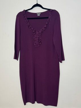 Ann Taylor Silk Blend Knit Ruffle Neck Sheath Dress Plum Purple Women’s Large